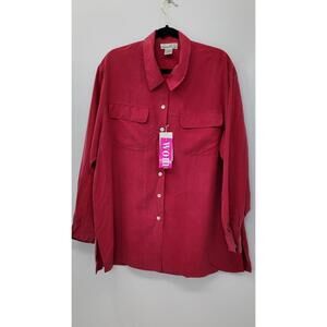Anne Carson Women's 2X Silk Button-Up Shirt Burgundy Classic Fit Elegant